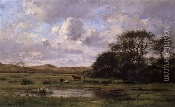 A Landscape With Cows Oil Painting - Pierre Emmanuel Eugene Damoye