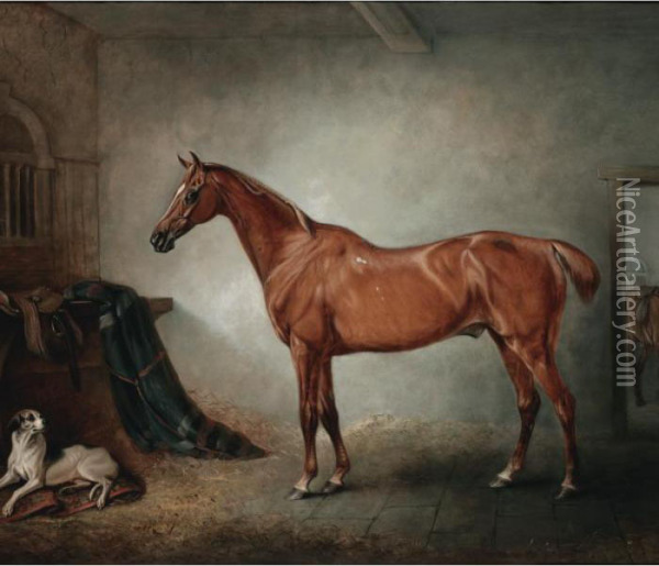 Firebird, A Chestnut Hunter, And Policy, A Foxhound, In A Loose Box Oil Painting - John Snr Ferneley