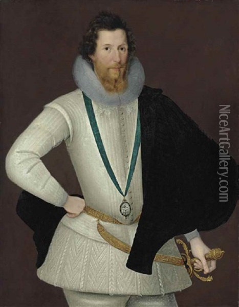 Portrait Of Robert Devereux, 2nd Earl Of Essex In A White Doublet And Hose With A Black Cape, Wearing The Order Of The Garter (collab. W/studio) Oil Painting - Marcus Gerards the Younger