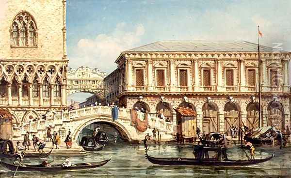 View of the Doges Palace the Bridge of Sighs and the Prison Oil Painting - Giovanni Grubacs
