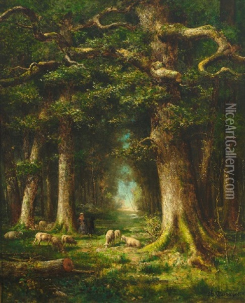 Prachtvolle Waldlandschaft Mit Weidenden Schafen Oil Painting - Charles Felix Edouard Deshayes