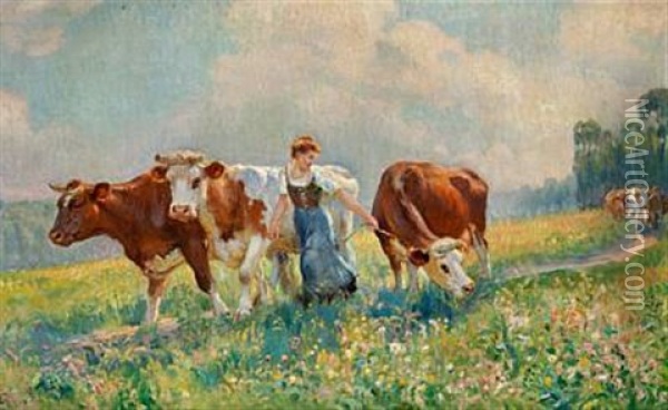The Cows Are Being Brought Home For Milking Oil Painting - Raymond (Louis) le Court