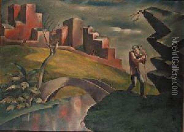 A Traveller In A Landscape Near A Bridge Oil Painting - Eugene Zak