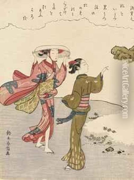 Women At The Seashore With Poem By Minamoto No Shigeyuki Oil Painting - Suzuki Harunobu