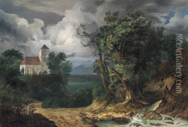 Gewitterstimmung Uber Einer Landschaft Mit Kirche Oil Painting - Joseph Feid