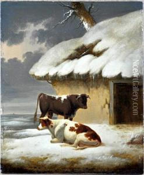 Cattle Before A Barn In Winter Oil Painting - Paulus Potter