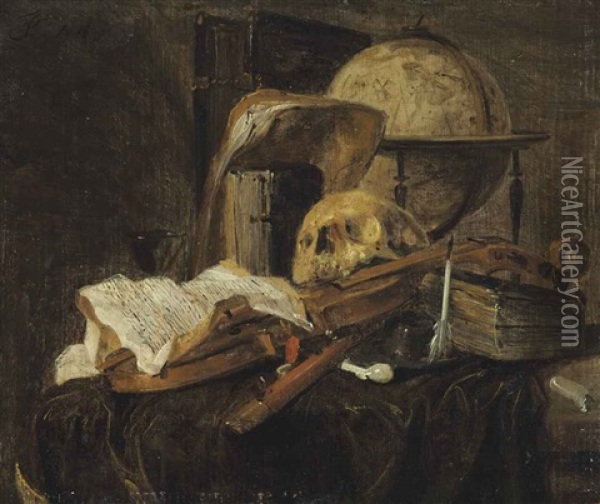 A Skull, Globe, Pipe, Quill Pen, Books And Papers On A Draped Table Oil Painting - Jacques Grief De Claeuw