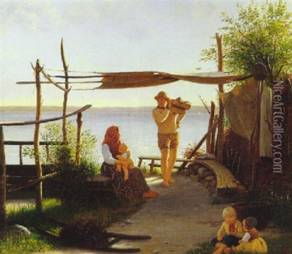 Fiskerfamilie I Afterskumring Oil Painting - Julius Friedlaender