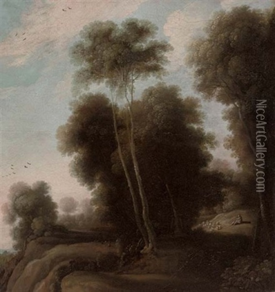 A Wooded Landscape With A Shepherd And His Flock On A Track Oil Painting - Cornelis Hendriksz Vroom