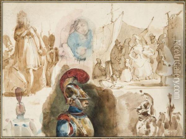 Feuilles D'etudes Avec Cuirrassiers Et Scenes De Port Oil Painting - Nicolas Toussaint Charlet