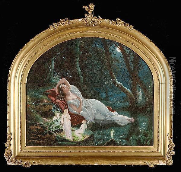 Titania Sleeping In The Moonlight Protected By Her Fairies Oil Painting - John Simmons