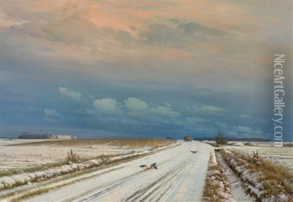 Winterliche Landschaft Mit Verschneiten Feldern, Saatkrahen Und Heimkehrendem Fuhrwerk Oil Painting - Anders Andersen-Lundby