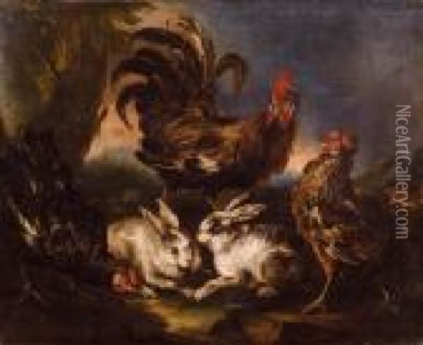 Gallo, Galline E Conigli Oil Painting - Angelo Maria Crivelli, Il Crivellone
