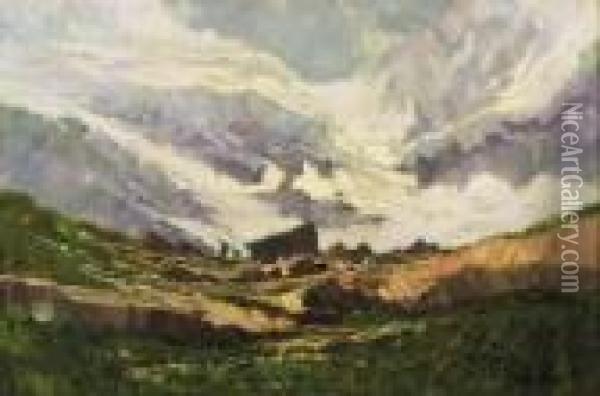 Paesaggio Montano Con Baite E Figure Oil Painting - Cesare Gheduzzi