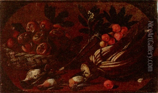Still Life Of A Basket Of Fruit, A Cardoon, Robbins And A Thrush Upon A Ledge Oil Painting - Tommaso Salini