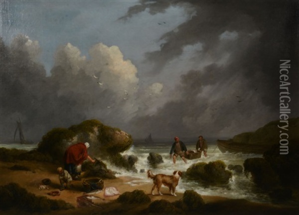Fishermen - A Beach Scene Under A Stormy Sky Oil Painting - George Morland