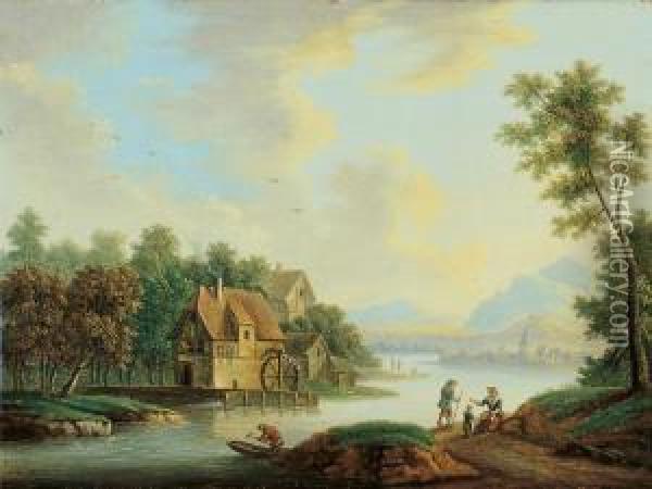 Flusslandschaft Mit Wassermuhle. Oil Painting - Franz Hochecker