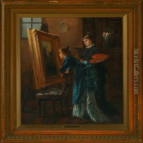 Two Young Women Atthe Easel Oil Painting - Vilhelm J. Rosenstand