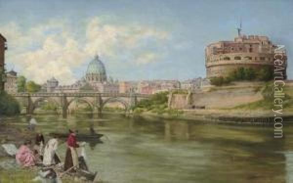 Vue Sur Le Tibre A Rome Avec Chateau Et Le Pont Saint-ange Oil Painting - Abel Boulineau