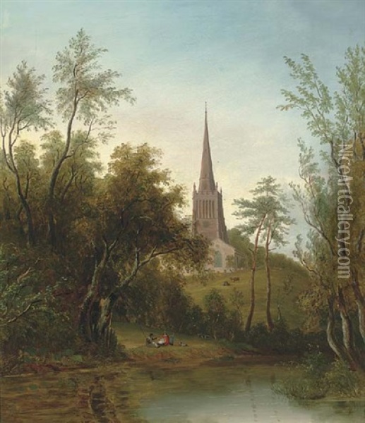 Figures By A Pond, With Cattle And A Church Beyond Oil Painting - Sarah Ferneley