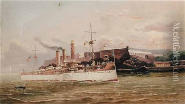 Uss "maine" Passing Morro Castle As She Enters Into Havana Harbor, Cuba Oil Painting - Captain William Lindsey Challoner