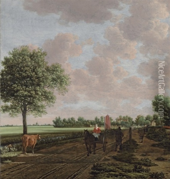 A Pastoral Landscape With A Woman Driving A Horsecart And Other Travellers On The Path, A Windmill Beyond Oil Painting - Joris van der Haagen