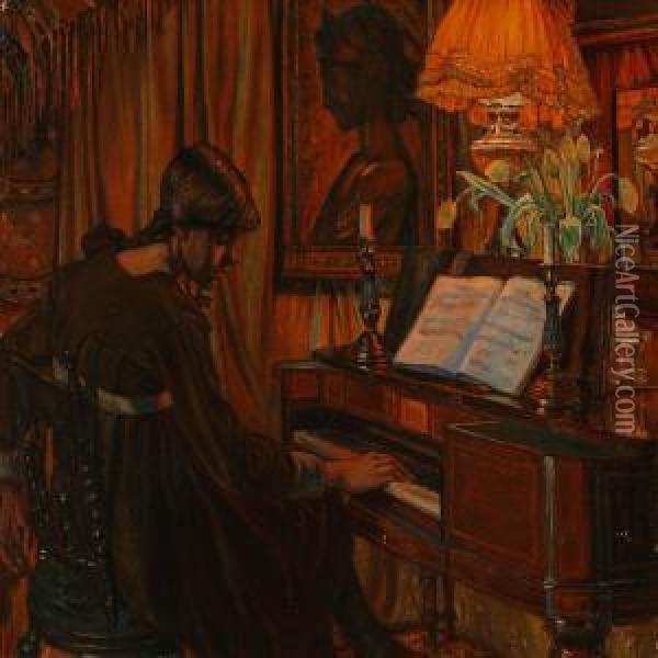 Interior Withartist's Sister Playing The Piano Oil Painting - Mourits Molmark Hansen