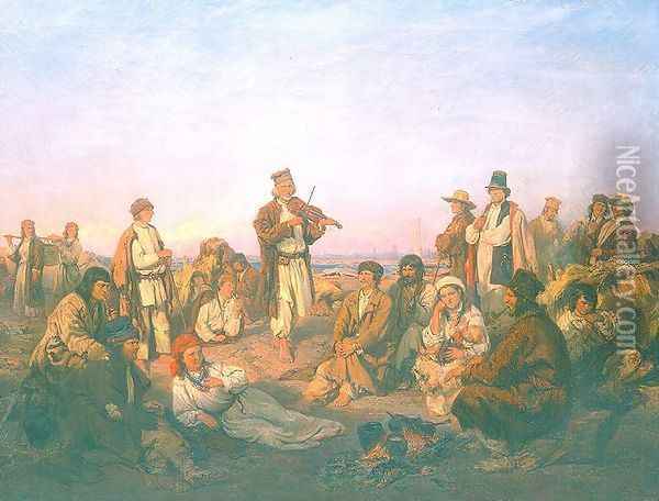 Raftsmen's Camp by the Vistula River Oil Painting - Wilhelm August Stryowski (Stryjowski)