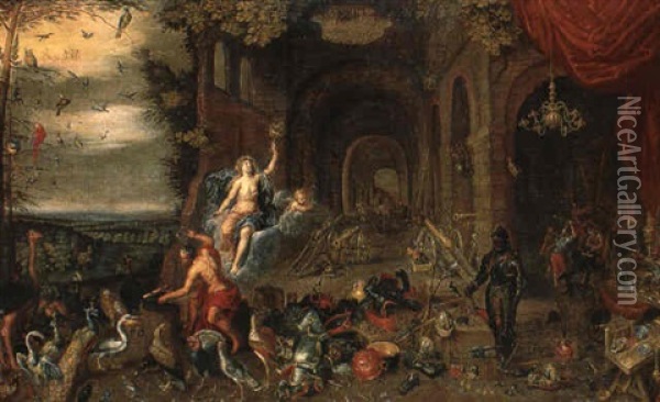 The Elements Of Air And Fire: Vulcan At His Forge With Aeolus And Putto Oil Painting - Jan van Kessel