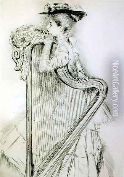Woman with a harp Oil Painting - Paul Cesar Helleu