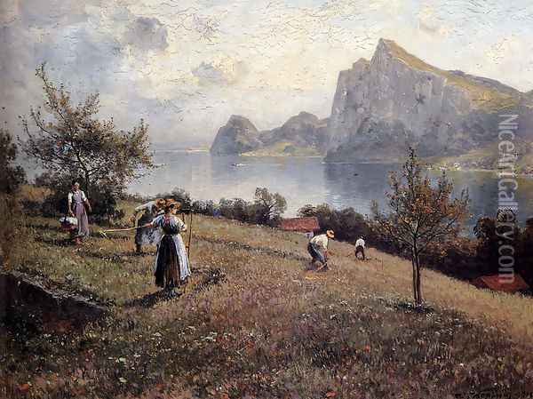 Harvesters By The Chiemsee Oil Painting - Joseph Wopfner