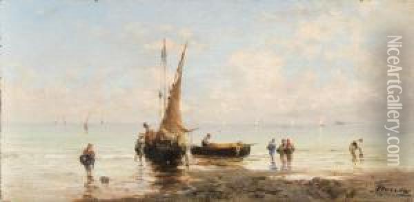 Marina Con Pescatori E Barche A Riva Oil Painting - Achille Dovera