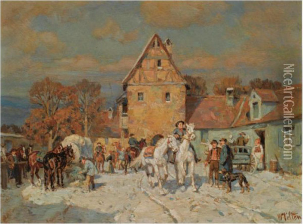 Many Figures In A Wintry Village Oil Painting - Wilhelm Velten