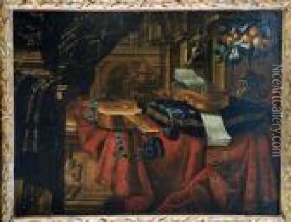 Bodegon Con Instrumentos Musicales Y Cortinaje Oil Painting - Bartolomeo Bettera