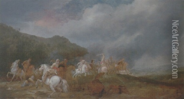 A Cavalry Engagement Upon A Hillside Overlooking A Town Oil Painting - Pieter Meulener