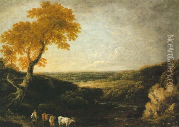 A Heath Landscape With A Herdsman And Cattle By A River In The Foreground Oil Painting - Thomas Barker