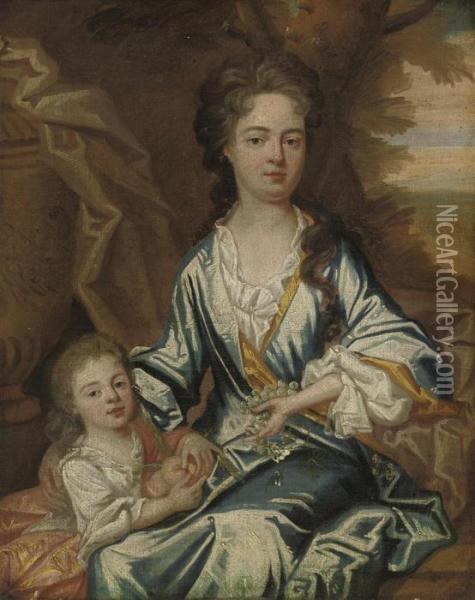 Portrait Of A Mother And Child, 
Three-quarter-length, The Former Ina Blue Dress, Grapes In Her Left 
Hand; The Latter With A Pink Wrap,holding Peaches, By An Urn, A 
Landscape Beyond Oil Painting - Sir Godfrey Kneller