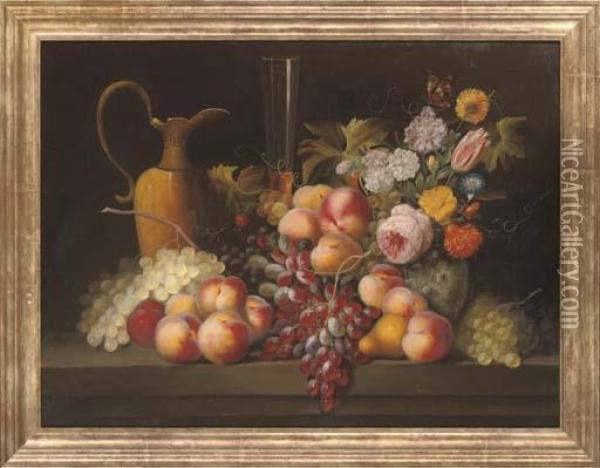 Grapes, Peaches And A Jug With A Vase Of Flowers To The Side, On A Stone Ledge Oil Painting - Jan Davidsz De Heem