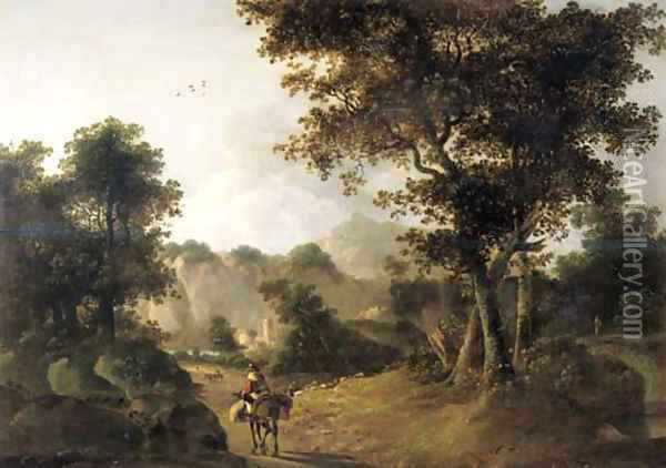 A muleteer on a track in an Italianate landscape Oil Painting - Jan Both