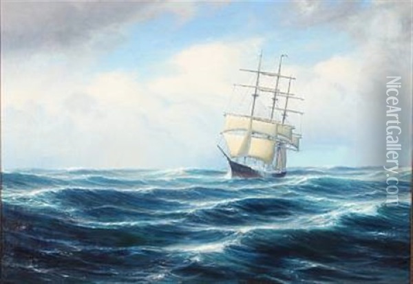 Seascape With A Sailing Ship In High Waves Oil Painting - Johannes Harders