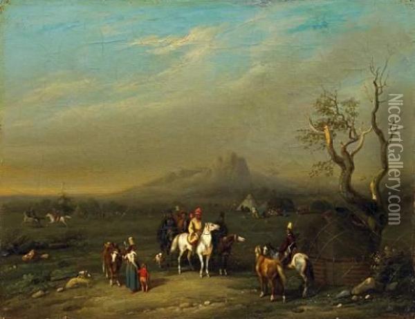 Arabian Horsemen By The Coast Oil Painting - Noel-Dieudonne Finart