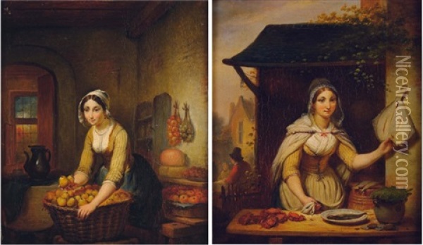 La Marchande De Fruits (+ La Marchande De Poissons; Pair) Oil Painting - Jean Baptiste Van Eycken