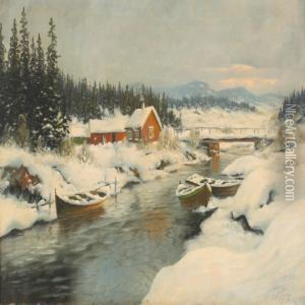 Norwegian Wintry Landscape With Rowing Boats And Houses At Ariver Oil Painting - Carl Moe