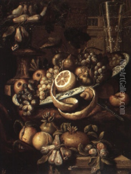 Still Life Of Fruit In A Porcelain Bowl With A Roemer And Fruit Stand Oil Painting - Christian Berentz