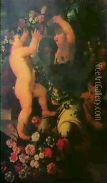 Putten Schmucken Eine Antike Statue Mit Blumen Oil Painting - Abraham Brueghel