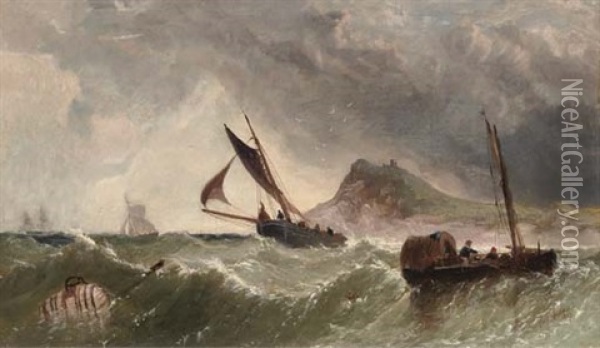 Fishing Boats Off A Fortified Island (lindisfarne?) Oil Painting - James E. Meadows
