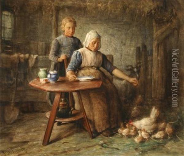 Woman Feeding Hen And Chicks Oil Painting - Jan Derk Huibers