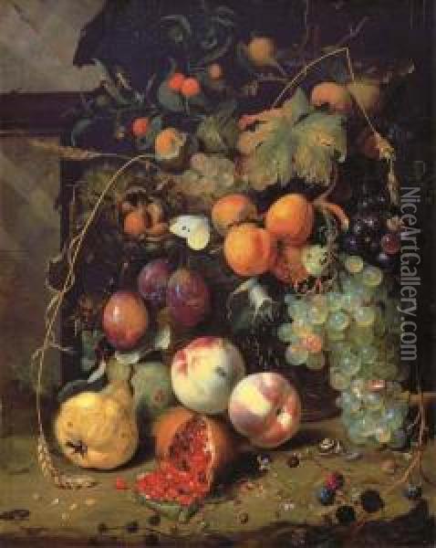 Peaches, Plums, Apricots, 
Grapes, Pears, Blackberries, Sheafs Ofcorn, Chestnuts, Walnuts, Medlars,
 Cherries And A Pomegranate Witha Snail, A Butterfly, A Grasshopper And A
 Caterpillar By Aplinth Oil Painting - Jan Mortel