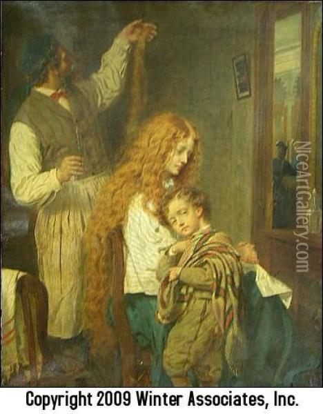 Genre Scene Of Woman And Child At The Barber Oil Painting - Joseph Oriel Eaton