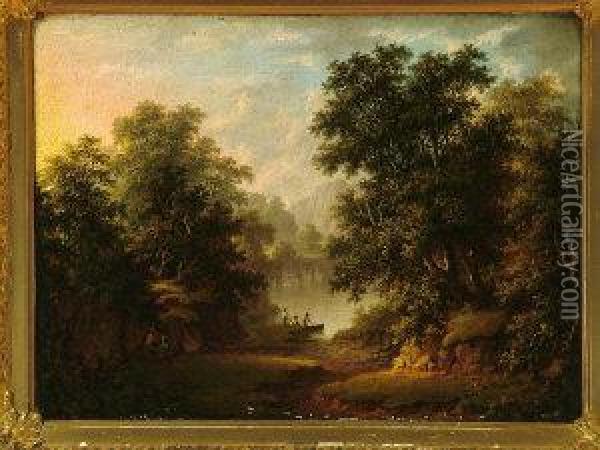A Pastoral Landscape With 
Figures In A Boat Putting Out From A River Bank In The Middle Distance Oil Painting - Robert, Reverend Woodley-Brown